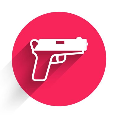 Uzun gölgeli beyaz tabanca ya da silah ikonu. Polis ya da askeri silah. Küçük ateşli silah. Kırmızı daire düğmesi. Vektör.