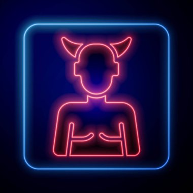 Glowing neon Krampus, heck icon isolated on black background. Horned devil. Traditional Christmas devil. Happy Halloween party. Vector.