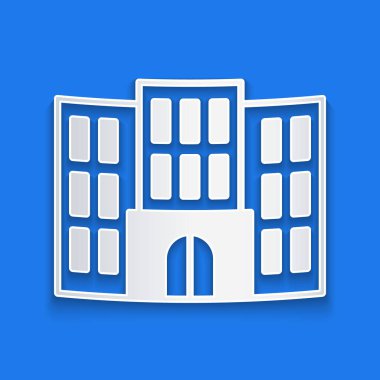 Kağıt kesiği otel ikonu mavi arka planda izole edilmiş. Kağıt sanatı tarzı. Vektör.