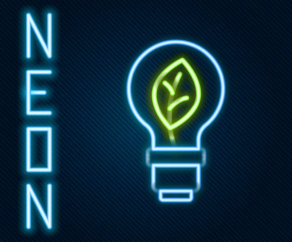 Zářící Neonová Čára Žárovka Ikonou Listu Izolovaná Černém Pozadí Eko — Stockový vektor