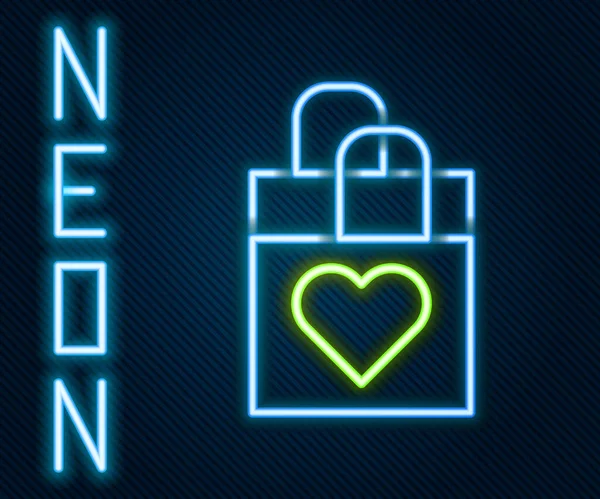 Glowing Neon Line Shopping Bag Heart Icon Isolated Black Background — 图库矢量图片
