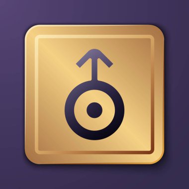 Mor Kadim astrolojik sembolü mor arka planda izole edilmiş Uranüs ikonu. Astroloji gezegeni. Zodiac ve astroloji işareti. Altın kare düğme. Vektör.