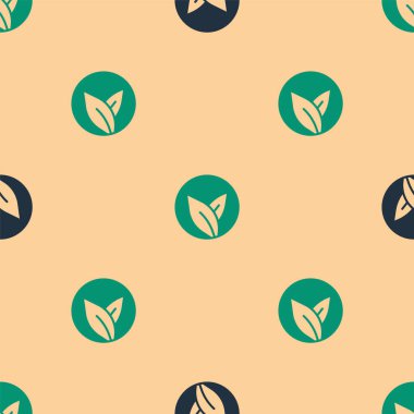 Yeşil ve siyah çay yaprağı ikonu bej arka planda izole edilmiş pürüzsüz desen. Çay yaprakları. Vektör.