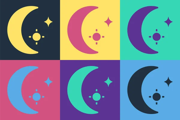 Pop Art Mond Und Sterne Ikone Isoliert Auf Farbigem Hintergrund — Stockvektor