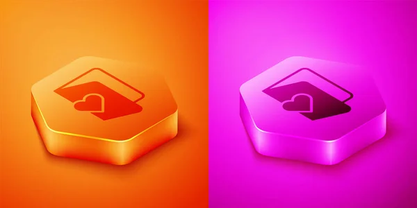 Isometric Valentines Day Flyer Heart Icon Isolated Orange Pink Background — Stock Vector