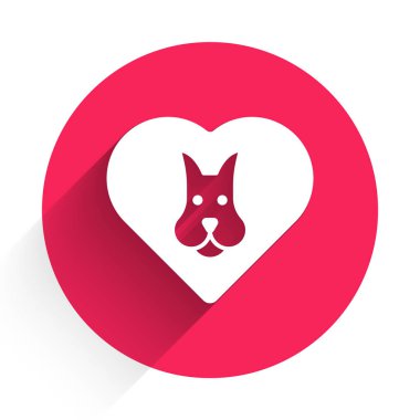 Köpek ikonuna sahip beyaz kalp, uzun gölgeli arka plan. Yüreğindeki evcil hayvan pençesi. Hayvanlara sevgiler. Kırmızı daire düğmesi. Vektör.