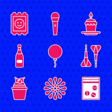 Balonu kurdele Firework plastik torba uyuşturucu oklu pasta şampanya şişesi mum ve LSD asit işareti ikonu ile hazırla. Vektör.