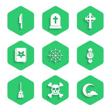 Örümcek Ağı Kafatası 'nı Ay' a ayarlayın ve başrollerde Şeker Cadıları Antik Sihirli Kitap Tombstone ve Bıçak ikonu. Vektör.