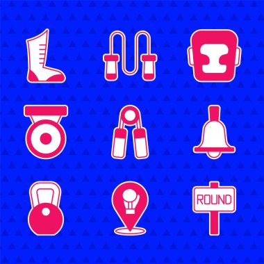 Spor genişleticisi boks eldiveni halkası çan ağırlığı gong kaskı ve boks ayakkabısı simgesini ayarla. Vektör.