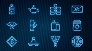 Bal Firework Bambu Kâğıt Çini katlama yelpazesi ve Çin çay seremonisi ikonu Yin Yang kavanozu. Vektör.