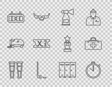 Koltuk değnekleri ya da koltuk değnekleri buz hokeyi sopası Hokey mekanik skorbord bileti soyunma odası ve ilk yardım çantası ikonu. Vektör.