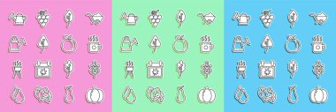 Set line Pumpkin Leaf or leaves Cup of tea Watering can and Peach fruit icon. Vector.