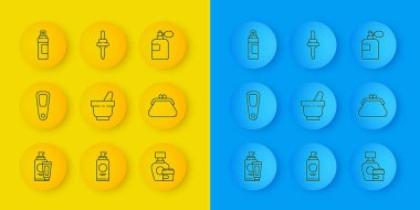 Hat kremi ya da losyon kozmetik tüp aynası Havan topu debriyaj çantası Parfüm ve Pipette ikonu. Vektör.