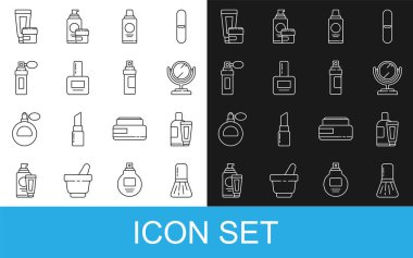 Makyaj fırçası kremi ya da losyon kozmetik makyaj aynası şampuan şişesi, tırnak cilası, parfüm ve ikon. Vektör.