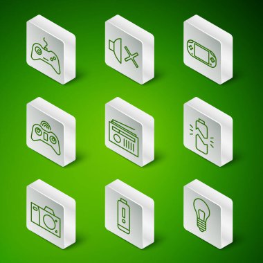 Batarya şarj seviyesi göstergesi Gamepad Radyo Kablosuz oyun konsepti hoparlörü, fotograf makinesi ve kırık pil simgesine sahip çizgi ampulünü ayarlayın. Vektör.