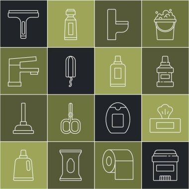 Terleme önleyici deodorant rulo ıslak mendil paketi ağız gargargarası, tuvalet temizleyici tampon musluk temizleyicisi ve temizlik maddesi ikonu için şişe. Vektör.