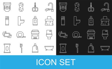 Küvet, klozet, süpürge, tırnak makası, jel, köpük ve şişe temizleme aleti ikonu ayarla. Vektör.