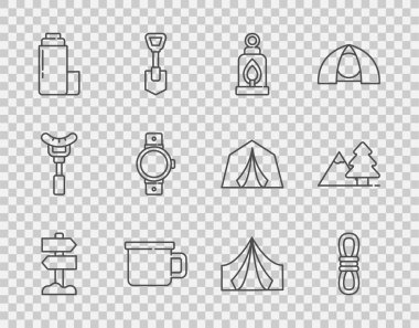 Yol trafik levhası dağcı halatı kamp feneri metal kupa termos konteynır Smartwatch turist çadırı ve ağaç simgesi ile dağları ayarlayın. Vektör.