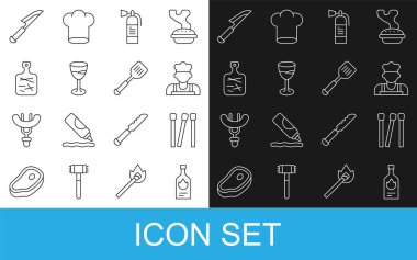 Tabasco sosu, Cook Fire yangın söndürücü, cam kesme tahtası bıçağı ve Spatula ikonu ile eşleşiyor. Vektör.