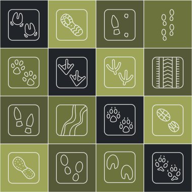 Tilki patisi ayak izi insan ayak izi lastik izi Kaz Pençesi yaban domuzu ve güvercin ikonu. Vektör.