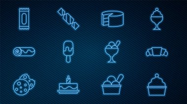 Cake Croissant Dondurmalı Çikolatalı Kek Şekeri kasede ve ikonda. Vektör.