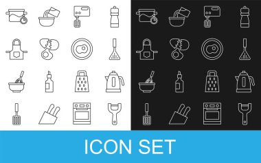 Set line Vegetable peeler Electric kettle Barbecue spatula mixer Broken egg Kitchen apron Cooking pot and Scrambled eggs icon. Vector.