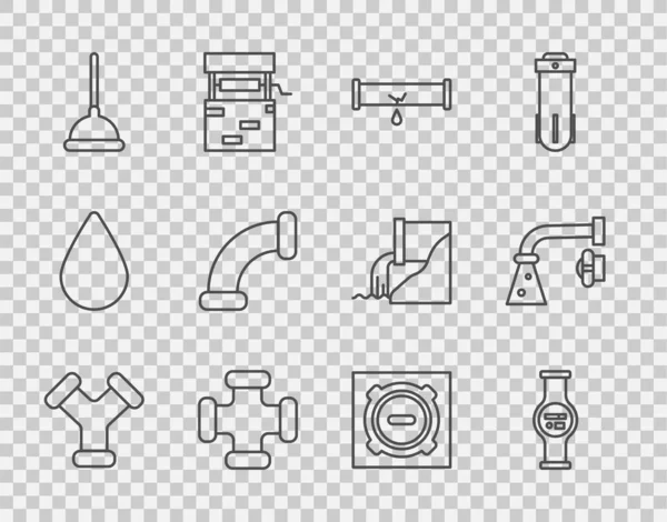 Set Line Industry Metallic Pipe Water Meter Broken Leaking Water — Stockvektor