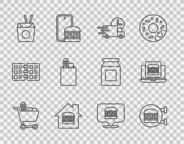 Set Line Cesta Compra Comida Pedido Línea Entrega Hamburguesas Rápido — Archivo Imágenes Vectoriales