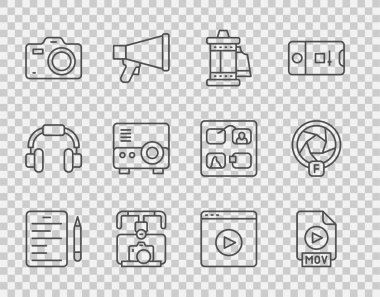 Senaryo MOV dosya dökümanı Kamera rulo kartuşu Gimbal dengeleyiciyi kamera fotoğraflı ortam projektörü çevrimiçi oynatma videosu ve deklanşör simgesi ile ayarla. Vektör.