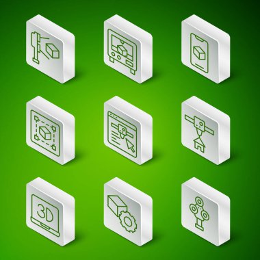 Satır 3D tarayıcı Isometric küp ile Geometrik şekil küpünü ve ev simgesini ayarla. Vektör.