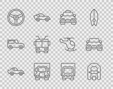 Rafting teknesi, taksi, kargo kamyonu, direksiyon, Trolleybus ve ikon. Vektör.