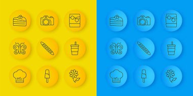 Chef şapkası Kelebek Fransız ekmeği ekmeği kağıt bardakta su, cam bardak viski ve fotoğraf makinesi ikonu. Vektör.