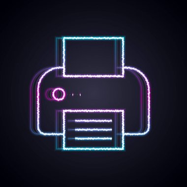 Parlayan neon hattı yazıcı simgesi siyah arkaplanda izole edildi. Vektör.