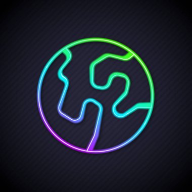 Parlayan neon çizgisi Dünya ikonu siyah arka planda izole edildi. Dünya ya da Dünya işareti. Küresel internet sembolü. Geometrik şekiller. Vektör.