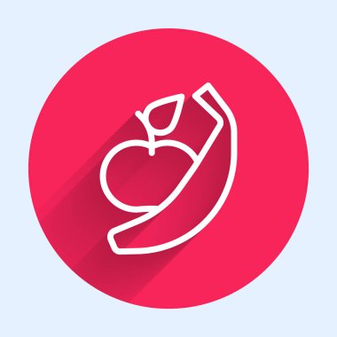Beyaz çizgi Apple ve muz ikonu uzun gölge arkaplan izole. Fazla kilolu. Sağlıklı diyet menüsü. Fitness diyeti elması. Kırmızı daire düğmesi. Vektör.