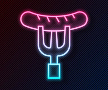 Çatal simgesinde parlayan neon hattı sosis siyah arkaplanda izole edilmiş. Izgara sosis ve aroma işareti. Vektör.