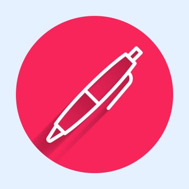 Beyaz çizgi kalem simgesi uzun gölge arkaplanı ile izole edildi. Kırmızı daire düğmesi. Vektör.