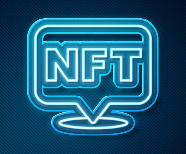 Parlayan neon hattı NFT dijital şifreleme resim simgesi mavi arkaplanda izole edildi. Para iadesi olmayan jeton. Vektör.