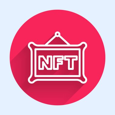 Beyaz çizgi NFT Dijital Şifreleme Sanatı simgesi uzun gölge arkaplanı ile izole edildi. Para iadesi olmayan jeton. Kırmızı daire düğmesi. Vektör.