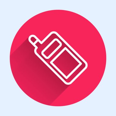 Beyaz çizgi Akıllı Telefon, cep telefonu simgesi uzun gölge arkaplan izole. Kırmızı daire düğmesi. Vektör.