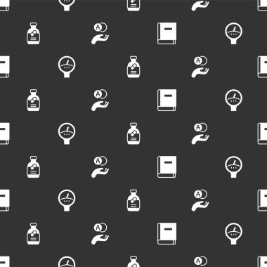 Fen kitabı ölçeği ölçeği ilaç şişesi, hap ve Atom 'u kusursuz kalıba sokun. Vektör.