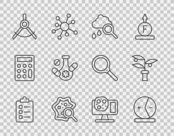 Set Line List Planning Atom Cloud Rain Microorganisms Magnifier Drawing — Stockový vektor