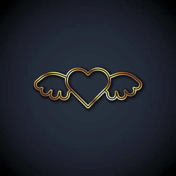 Gold Line Heart Wings Icon Isolated Black Background Love Symbol — Stock vektor