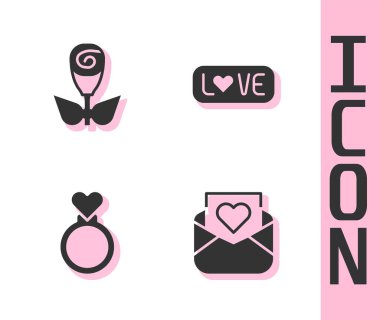 Zarfı Sevgililer Günü Kalpli Çiçek Gülü Alyansları ve Aşk metin ikonu ile ayarla. Vektör.