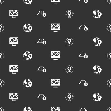 Harita pin konumunu harita konumu ve paralı yol trafiği ile Dünya Monitörü 'ne ayarlayın. Vektör.