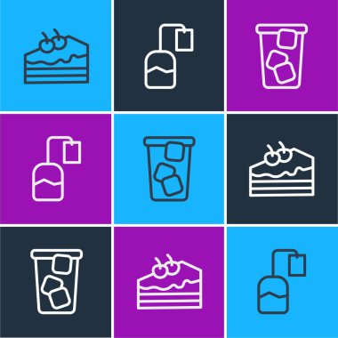 Set line Piece of cake Ice tea and Tea bag icon. Vector.