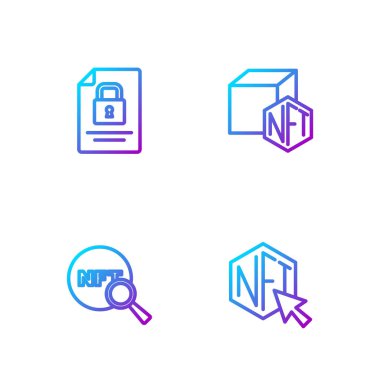 Satır NFT Dijital Şifreleme Sanatı Arama Belgesi ve Kilitlenme ve. Renk simgeleri. Vektör.