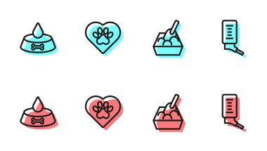 Kedi kumu tepsisiyle kedi ya da köpek kalbi hayvan ayak izi ve evcil hayvan ikonu için kürek yemek tepsisi koyun. Vektör.