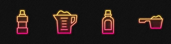 Set Line Bottle Cleaning Agent Washing Powder Glowing Neon Icon — Stockvektor