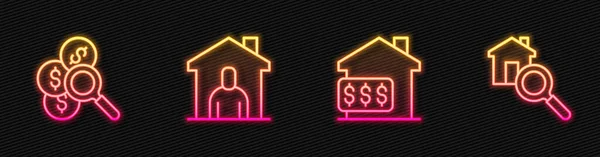 Set Line House Dollar Search Money Shelter Homeless House Glowing — Stockový vektor